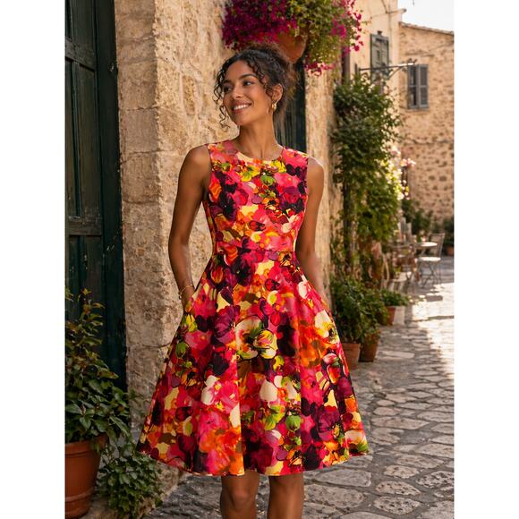 Valentino Dresses & Skirts - Valentino Floral Fit Flare Dress Sleeveless Pink Red Print Size 38 Pockets